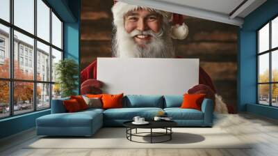 White male Santa Claus. A person holding a white piece of paper and holding it up in front of body. Can write any character or symbol. Smile, anger, serious expression. Wall mural