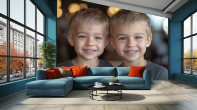 White twin boys, copy space, smiling Wall mural