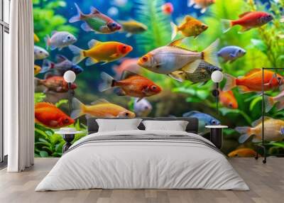 A School of Colorful Fish in a Lush Aquarium, Wide Angle Composition, Focus on Fish in Center, Aquarium, Tropical Fish, Underwater, Fish Tank Wall mural