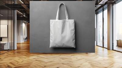 Blank White Tote Bag Hanging on Gray Wall, Mockup, Design Template, Branding, Shopping Bag, tote bag, mockup Wall mural