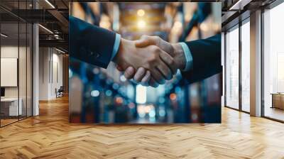 Business Partners Shake Hands in Warehouse with Blurred Background Wall mural