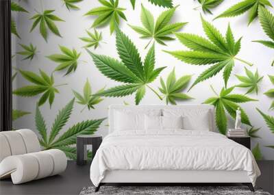 Cannabis Leaf Pattern, White Background, Flat Lay, Green, Marijuana, Hemp, CBD Wall mural