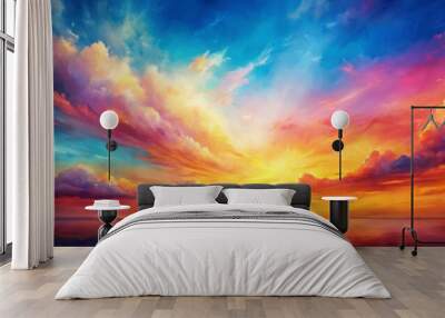 Celestial Sunset over Water, Digital Painting, Colorful Sky, Ocean Reflection, Sunrise, Sunset, Nature Wall mural