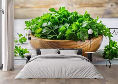 Fresh Parsley in Wooden Bowl, Green Herb, Cooking Ingredient, Food Photography, Healthy Eating Wall mural