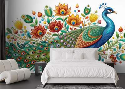 Peacock in Bloom A Watercolor Illustration of a Peacock with Colorful Feathers and Flowers Wall mural