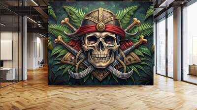 Pirate Skull with Swords and Palm Leaves, Digital Painting, Skull, Pirate Wall mural