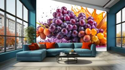 Purple and Orange Grapes Splashing into Purple Juice, White Background, Grapes, Juice, Splash, fruit, food Wall mural