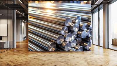 Shiny Steel Rods Stacked in Warehouse, Metal , Material , Manufacturing , Industrial Wall mural