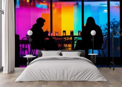 Silhouettes of Two People at a Table in Front of a Colorful Window, Silhouette, People, Neon Wall mural