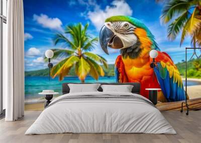 Tropical Paradise A Vibrant Macaw Perched on a Palm Tree, Digital Painting, Colorful Parrot, Beach, Summer Vacation, Paradise, Caribbean Wall mural