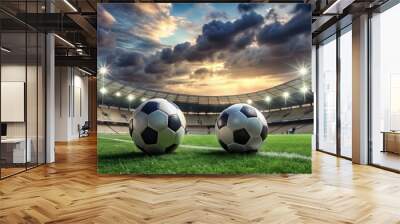 Two Soccer Balls on a Green Field with a Stadium in the Background, Soccer Field, Football Stadium, Sports Photography, Game Day Wall mural