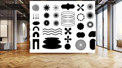 Brutalist abstract geometric shapes and grids. Brutal contemporary figure star oval spiral flower and other primitive elements. Swiss design aesthetic. Bauhaus memphis design. Wall mural