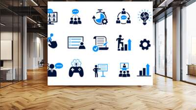 Workshop icon set. Containing team building, collaboration, teamwork, coaching, problem-solving and education icons. Solid icon collection. Wall mural