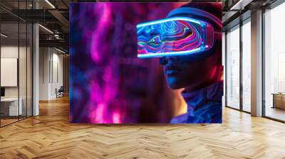 Woman in Vibrant Cyberpunk VR Headset, Neon Digital Landscape Wall mural