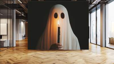  sheet ghost holding a black burning candle, black background, dark Wall mural