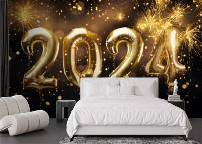 2024 golden foil balloons with golden fireworks display with bokeh on a black background for Christmas and New Year Wall mural