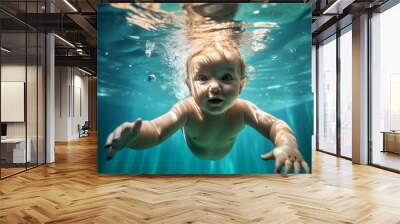 baby swimming underwater in the swimming pool, AI generated Wall mural