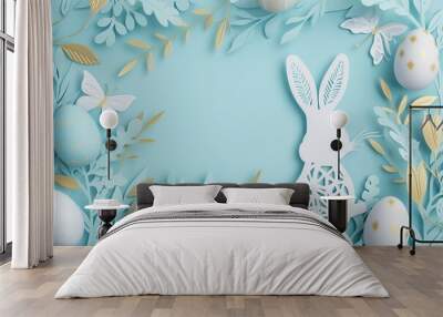 Easter card papercut style bunny and eggs, gold and pastel blue colors Wall mural