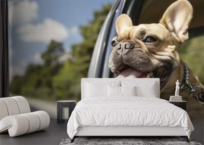 excited french bool dog out of a car window, close up, sunny, scenic Wall mural