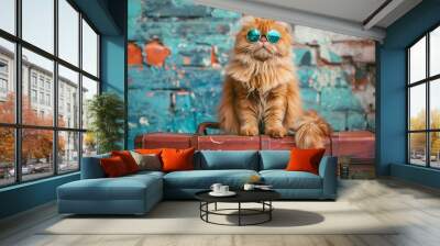 ginger persian cat wearing holographic sunglasses sitting on top of modern suitcase, bold colors, travel concept Wall mural