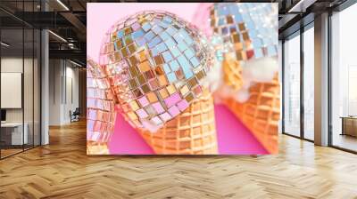 ice cream cones made of shiny disco mirror tiles, reflecting light with vibrant gold, silver, and rose-gold hues. The intricate tilework creates a glamorous and playful aesthetic Wall mural