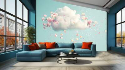 photo of fluffy cloud raining spring flowers and pastel color confetti from the cloud on a pastel background Wall mural