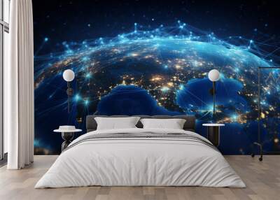 planet Earth at night with lit up countries and digital network connections Wall mural