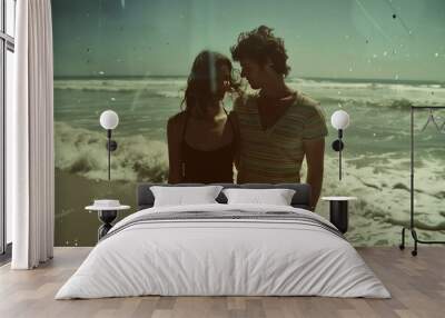 retro style photo of a young couple on the beach, candid, old film style with visual noise and blur Wall mural