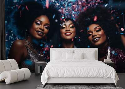 three beautiful black women wering glitter makeup and clothes having fun at the club Wall mural