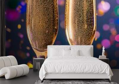 two champagne flutes with colorful bokeh an confetti in the background, festive celebration Wall mural