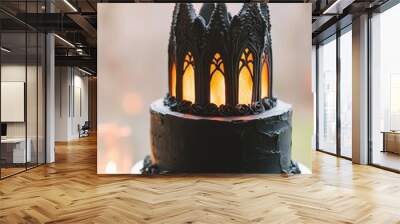 two tier gothic themed cake with intricate black frosting details resembling cathedral windows Wall mural