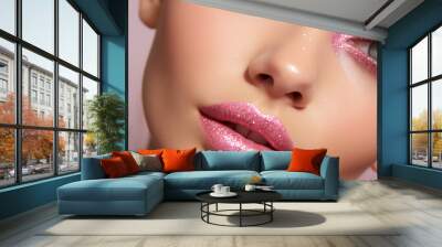 woman face with glitter Y2K style pink make up close up Wall mural