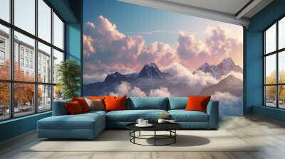  A serene sunset sky, showcasing a mesmerizing blend of vibrant colors as the sun sets, scattered clouds adding depth and beauty to sunset in the mountains  
 Wall mural