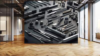 A collection of kitchen utensils placed on a black surface for display or storage  Several knives and forks in black gold and silver on a dark concrete background Wall mural