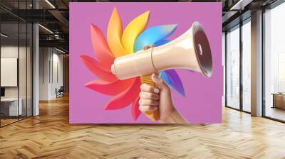 A female hand holding a megaphone, isolated on a pink background.  Close up of human hand holding megaphone
 Wall mural