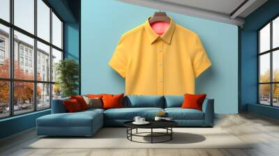 A neatly folded, vibrant polo shirt with a two-tone design lies against a pastel background, reflecting stylish simplicity and modern fashion.  Assorted Blank T-Shirts in Red, Gold, and White on Blue  Wall mural