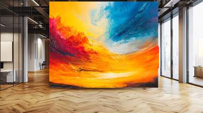 A painting of a sunset with a mountain in the background a painting of a sunset with a mountain in the background Wall mural