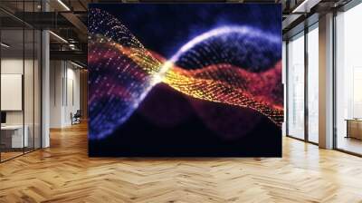 Abstract digital wave technology with flowing particles. Connection lots and line on dark background. beautiful technology corporate concept background. Wall mural