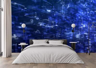 Abstract technology big data background concept. 3D rendering of a scientific technology data binary code network conveying connectivity. Digital cyberspace with particles and Digital data network con Wall mural