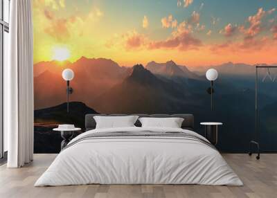 Aerial View of a Beautiful Sunset Over a Calm Bay  sunset in the mountains
 Wall mural