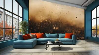 Background of dust and shards Golden flour powder explosion on dark backdrop

 Wall mural