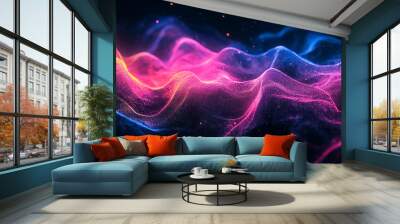 Colorful abstract light waves with a glowing effect, vibrant neon hues and dynamic motion, creating an energetic digital background Wall mural