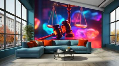 Gavel of justice, surrounded by floating holographic scales, dark cyberpunk courtroom, deep blue and red tones, intense light reflections, Wall mural