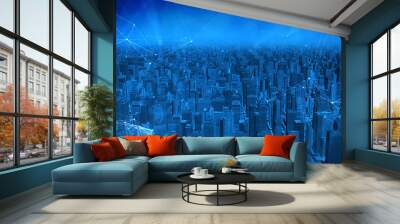 network and Connection technology concept with city background at night. Modern city with network connection and city scape concept.  Wall mural