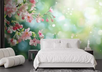 Oriental cherry blooming. Branch of sakura with white and rose flowers, beauty in nature, beautiful spring nature background Wall mural