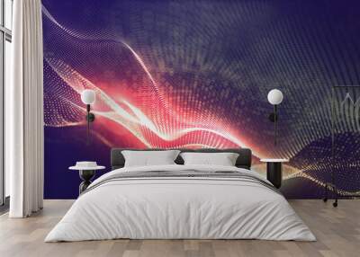 Technology digital wave background concept. Wave stream digital illustration. Network line connects to stream. Falling cyber particles. Big data stream. 3d rendering Wall mural