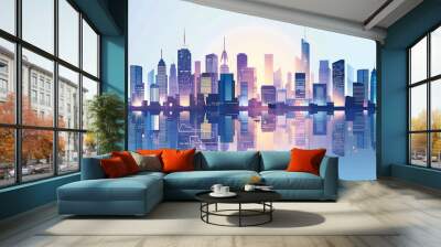 white background Blue neon city skyscrapers modern technology concept flat vector, isolated Wall mural