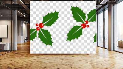 Christmas pattern of holly berries. Holiday illustration isolated on transparent background Wall mural