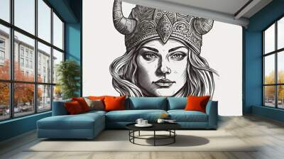 Viking woman head vector illustration for logos or tattoos. Generative AI. Wall mural