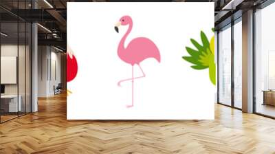 Bird set line. Canary, toucan, cock rooster, parrot, flamingo, eagle, quail. Cute cartoon characters icon. Baby animal zoo collection Isolated White background Flat design Wall mural